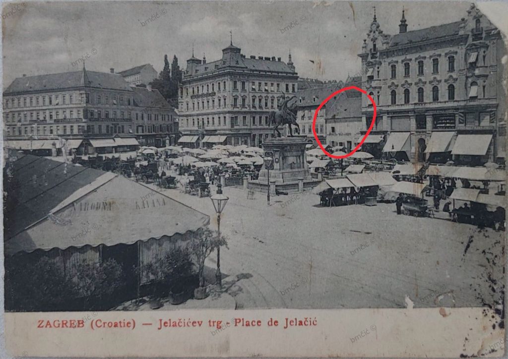 Trg bana jelačića 1899. godine (zaokružena kuća Antuna Mihanovića)